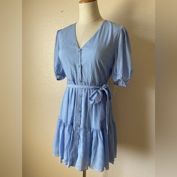 BIN#14 - French Kiss Powder Blue Dot Print Summer Dress Small - Picture 2 of 9